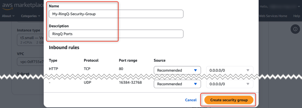 Create security group for AWS marketplace deployment